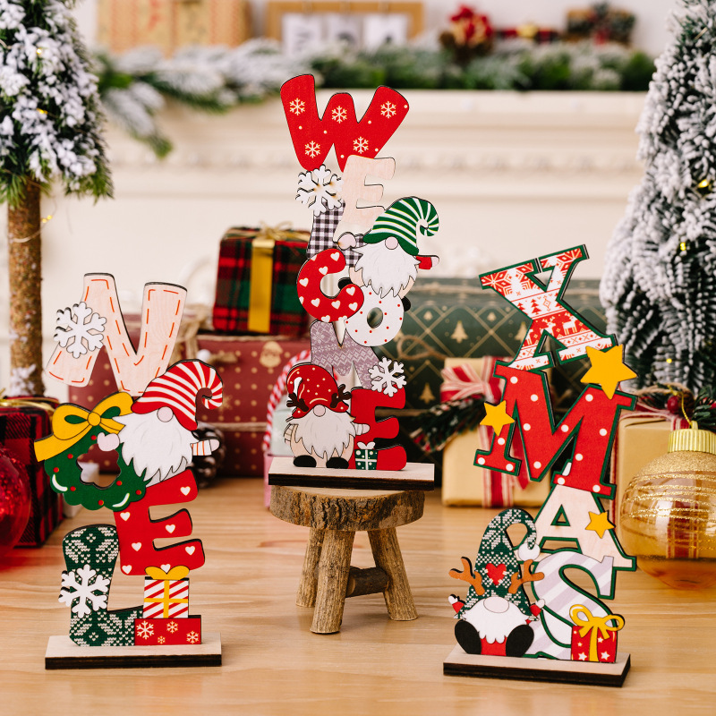 国境を越えた新しいクリスマスのデスクトップ装飾品プリント木製装飾品小人老人英語装飾品デスクトップ装飾品|undefined