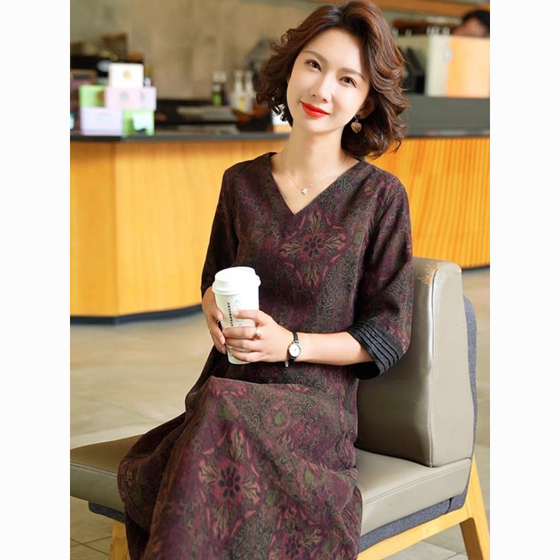 2025夏季时尚大牌香云纱真丝印花连衣裙女气质妈妈桑蚕丝中袖裙子|undefined