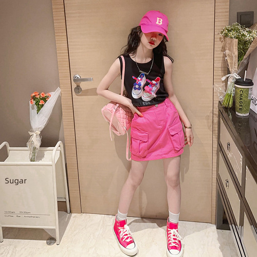 Fashionable sleeveless top set for girls  summer new styles, medium and large children's stylish work semi-skirt two-piece set
