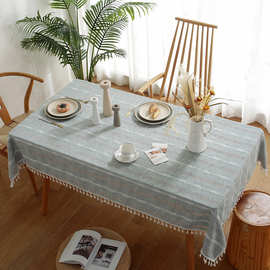 跨境ins风纯色桌垫镂空法式餐轻奢桌布长条纹提花棉麻台布盖布
