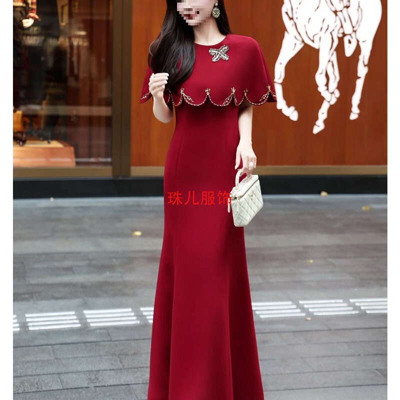 Slim-Fitting Mother's Dress with a Cape, Elegant Wedding and Party Gown, Flattering for Women, with Rhinestones, Elegant Fishtail Long Dress Slim-Fitting Mother's Dress with a Cape, Elegant Wedding and Party Gown, Flattering for Women, with Rhinestones, Elegant Fishtail Long Dress