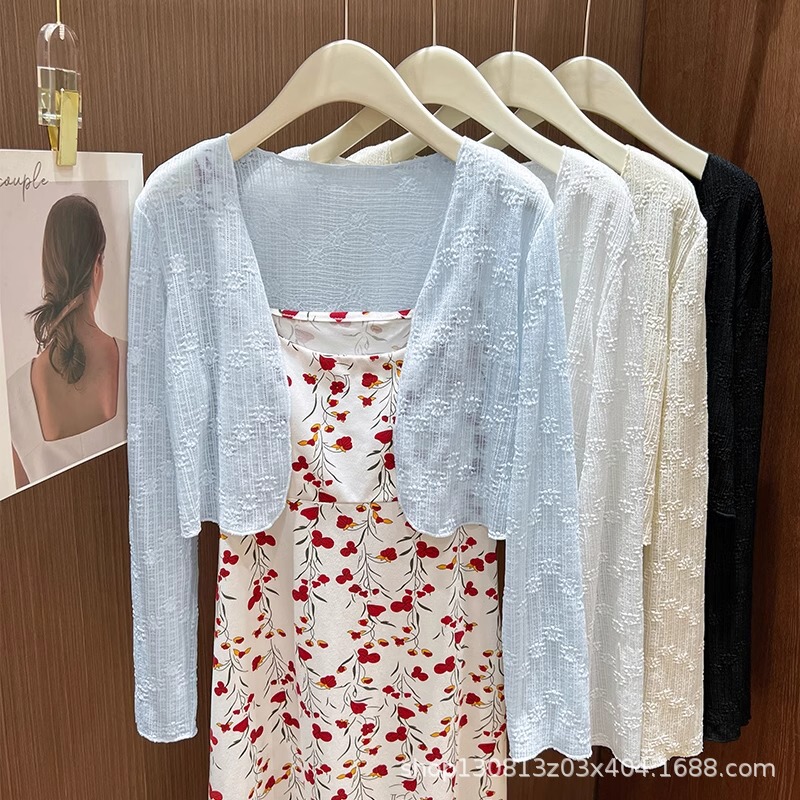 Lace Mesh Long-sleeved Sunscreen Blouse Women's Spring Slip Skirt Overshirt Jacquard Hollow Thin Cardigan