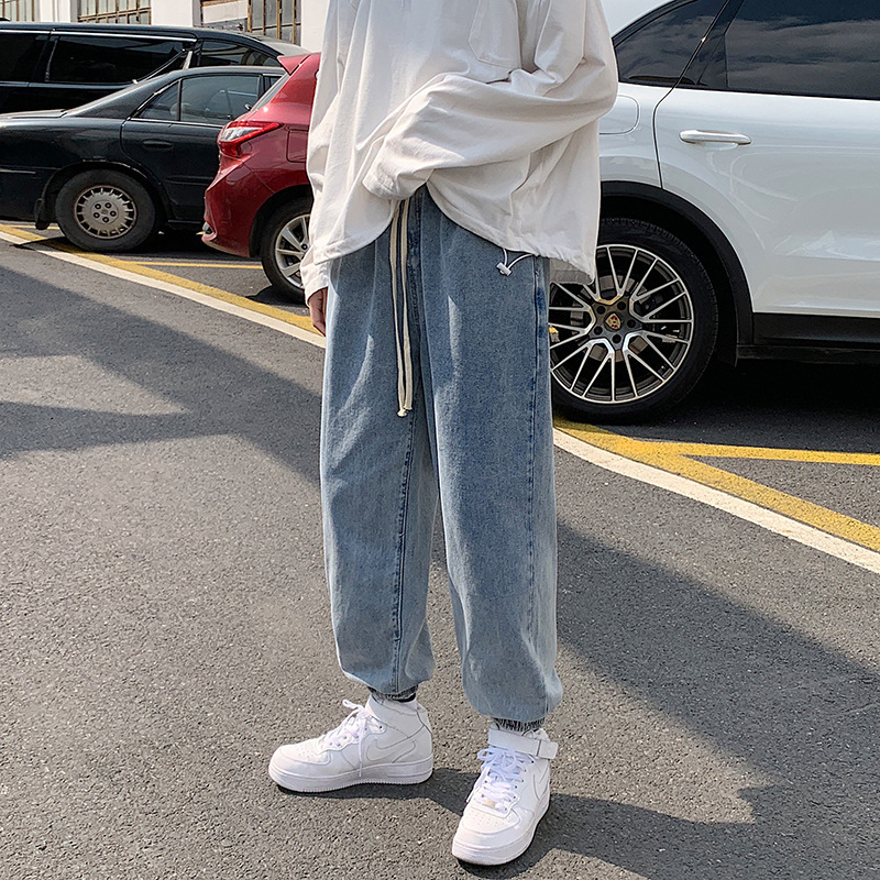Hong Kong style tight-leg lace-up elastic waist jeans men's jeans harem pants shrink calf ankle-length ankle-tied long pants