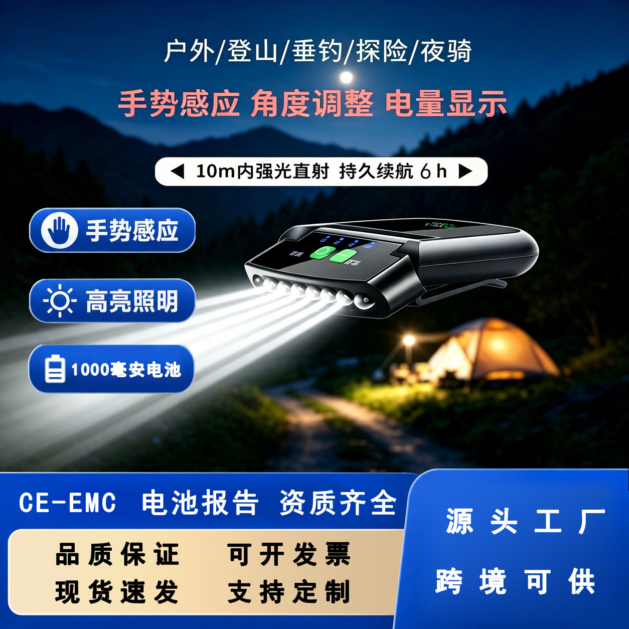 Manufacturer's new wholesale sensor headlamp for fishing, night fishing, rechargeable, super bright LED clip-on hat light, brim-mounted headlamp