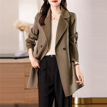 2025秋冬新款西装领女士纯色宽松中长款系扣纯羊毛双面呢大衣外套