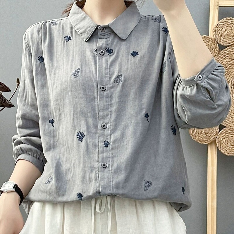 Forest-Style Literary and Artistic Fresh Leaf Embroidery Double-Layer Cotton Skin-Friendly Breathable Long-Sleeve Shirt for Women, Fresh and Trendy Forest-Style Literary and Artistic Fresh Leaf Embroidery Double-Layer Cotton Skin-Friendly Breathable Long-Sleeve Shirt for Women, Fresh and Trendy