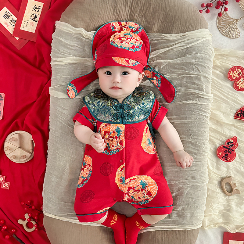 婴儿衣服2025夏季红色新生儿连体衣满月女宝宝百天爬服5259百日宴