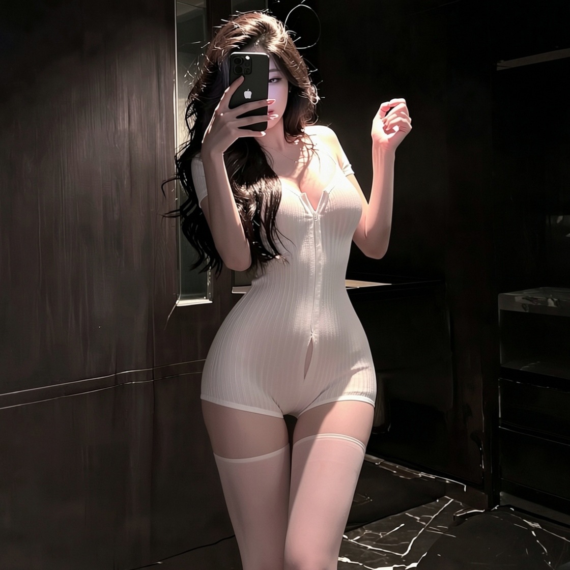Open-Crotch Bodysuit Shorts in White Polyester, High-Stretch Solid Color Lingerie — detail image 4