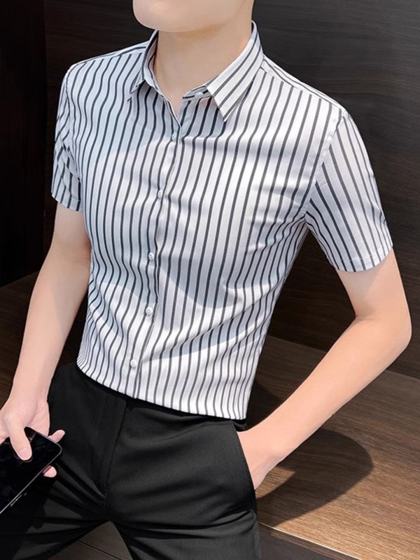 夏薄いハイエンドストライプ半袖アイスシルクシャツメンズ新しいファッショントレンディなブランド紳士服ビジネススリムシャツ|undefined