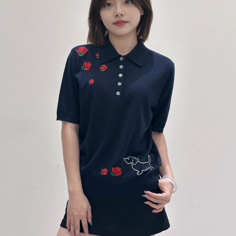 Spot 25 Spring and Summer New Tb Fine Wool Puppy Rose Embroidered Polo Collar Short-Sleeved Thin Knitted Pullover for Women