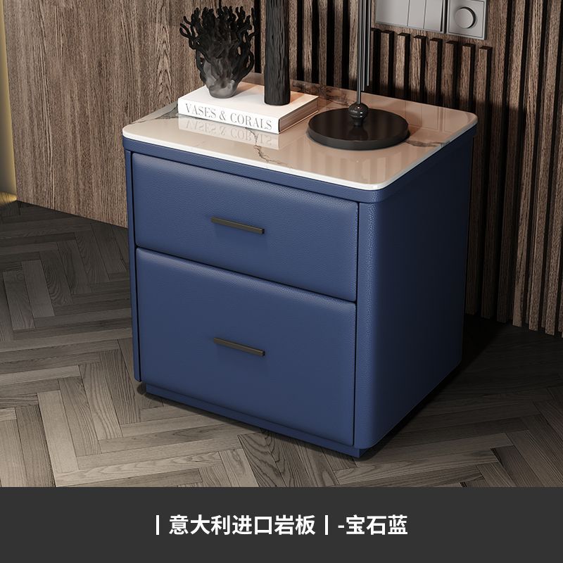 사파이어 블루 솔리드 우드 프레임 마이크로 화이버 가죽 + 록 플레이트 테이블 탑