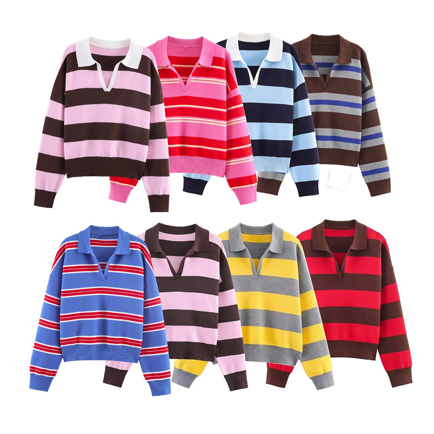 Foreign Trade Wholesale 2025 New European and American Fashion Simple Stripesd Polo Shirt Collar Knitwear 5536218