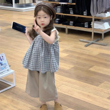 女童夏季背心套装2025新款森系女宝宝韩版格子娃娃衫直筒裤两件套