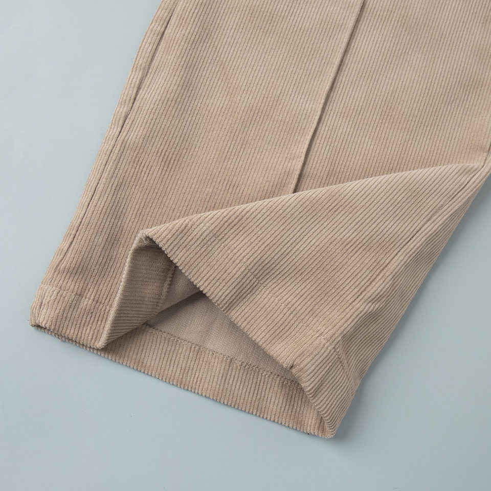 Quần ống rộng nữ cotton nhung kẻ sọc dáng suông lưng giữa phong cách retro — kaki nhạt, mơ chi tiết 10