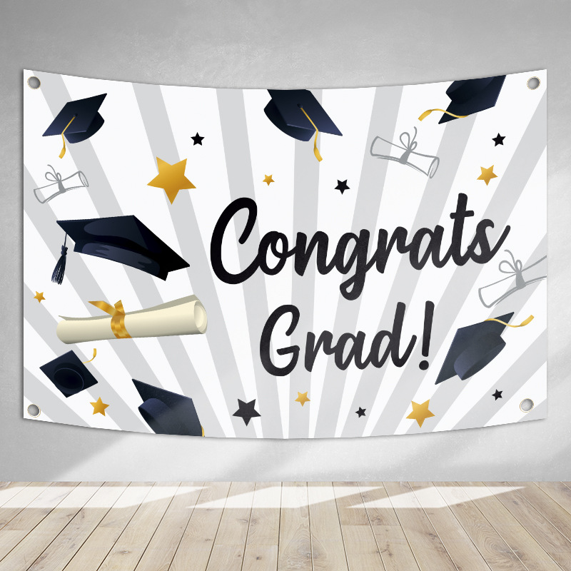 Banner de cartel de temporada de graduación transfronteriza nueva tela colgante fiesta de graduación decoración de fiesta impresión creativa tela de fondo de oro negro image 8