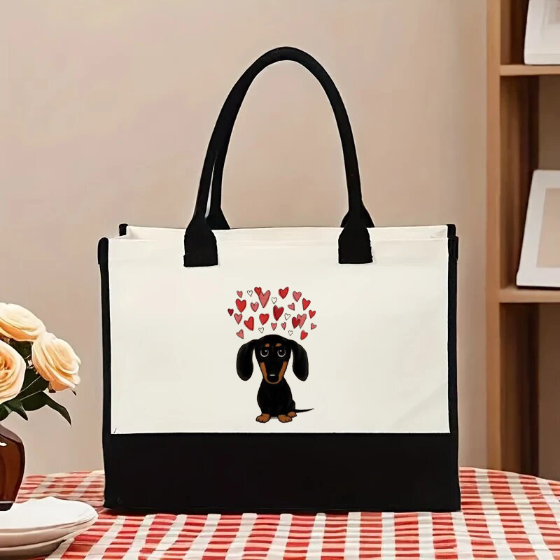 Bolso Tote estampado con estampado de patrón de cachorro de amor transfronterizo de color en contraste Bolso de hombro doble en blanco y negro de gran capacidad Texto de alta gama