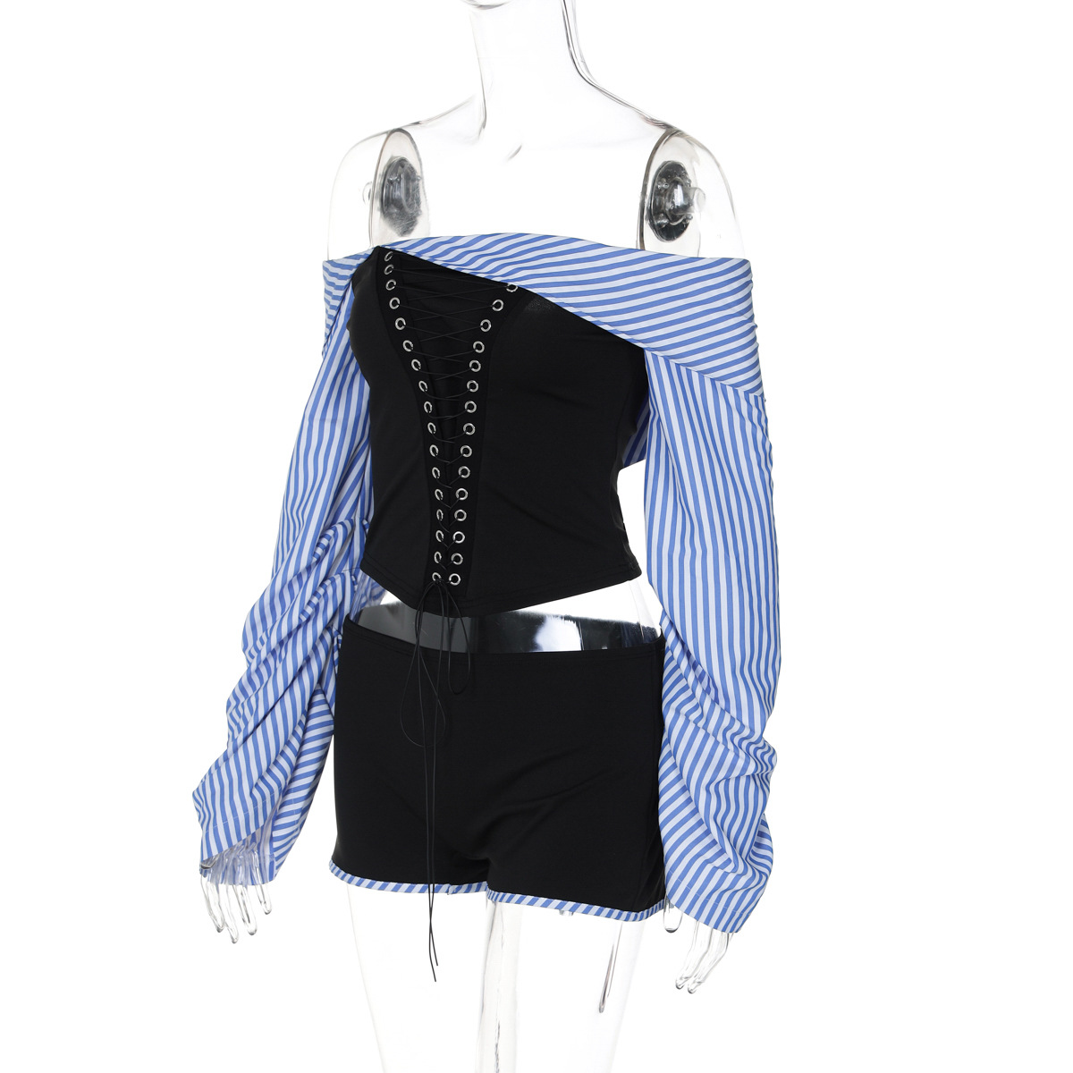 Women off Neck Striped Shirt Irregular Asymmetric with Personality Stitching Corns Tied Top Shorts Two Piece Set