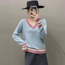 秋冬baby小山羊绒V领撞色百搭简约套头女衫毛衣针织宽松显瘦上衣