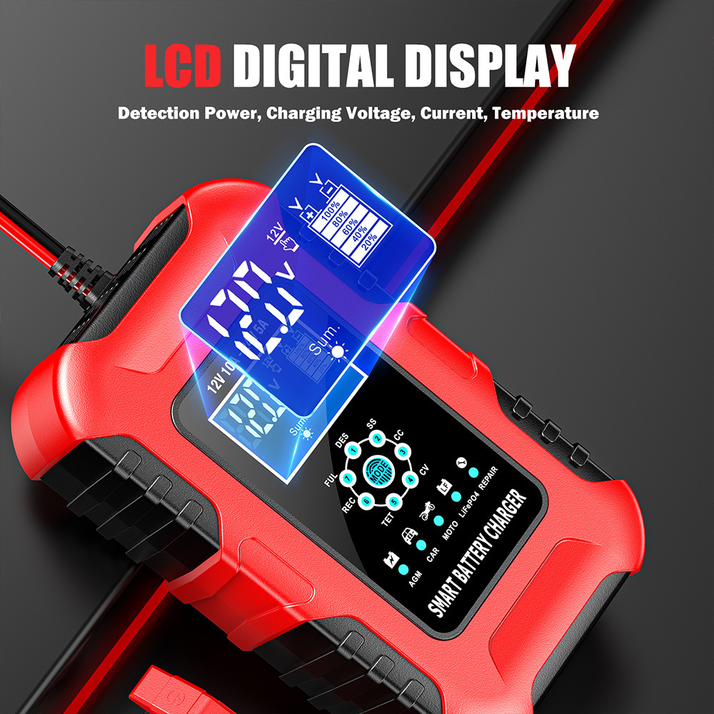 12V10A 24V5A battery charger, lead-acid battery charging and pulse repair device, red, European standard