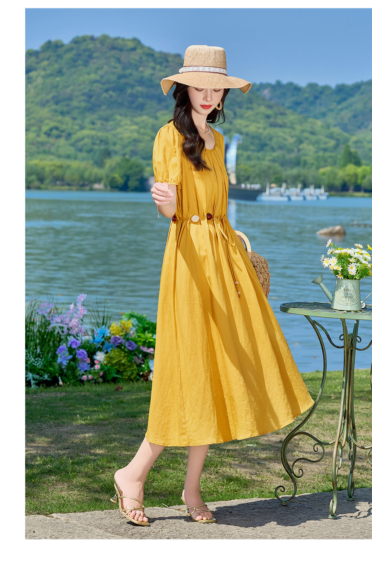 Đầm suông midi cổ V eo thắt dây dáng chữ A tay ngắn — Xanh lông mòng đen, màu trắng, màu vàng chi tiết 20