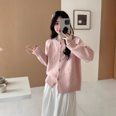 2025秋冬新款韩版宽松显瘦圆领提花毛衣女重工勾花百搭外套上衣女