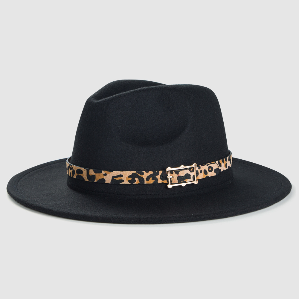 Cross-border British Retro Woolen Hats Leopard Print Leather Buckle Accessories Felt Hat Fashion Simple Big Brim Jazz Hat display picture 6