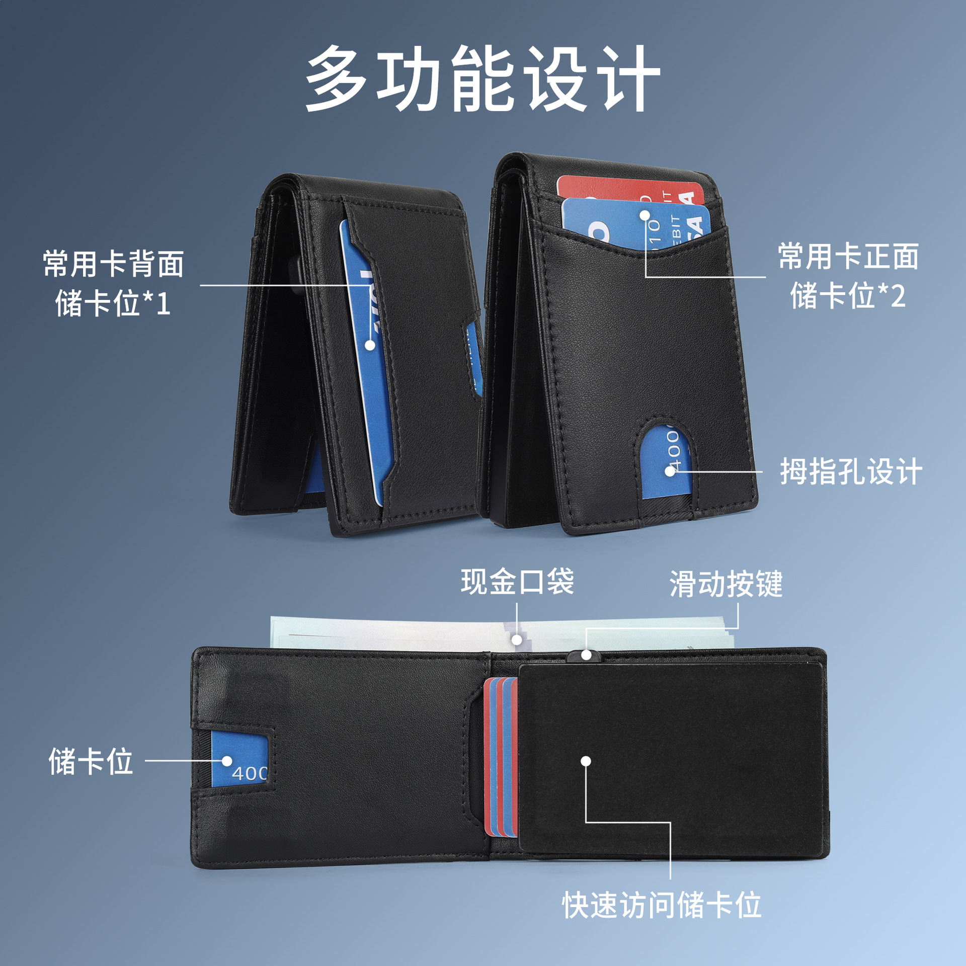 Cartera abatible de fibra de carbono de comercio exterior Cartera de metal con cepillo antirrobo para hombre Cartera de cuero ultrafina de doble pliegue con múltiples posiciones para tarjetas