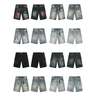 跨境潮牌欧美AM牛仔裤jeans水洗做旧短裤复古破洞泼墨痞帅美式潮