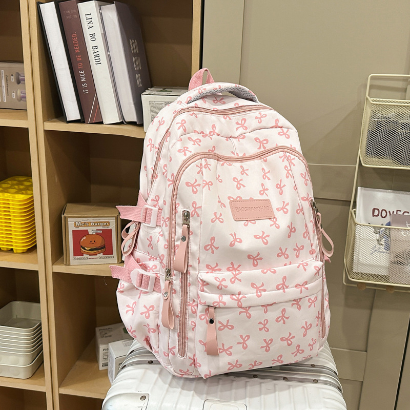 New cute style bow double zipper lightweight backpack, sweet girl's large capacity backpack New cute style bow double zipper lightweight backpack, sweet girl's large capacity backpack