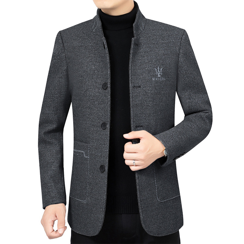 Chaqueta de lana gruesa para hombres de mediana edad, otoño e invierno 2025, cuello alto, estilo casual de negocios, abrigo de lana para papá