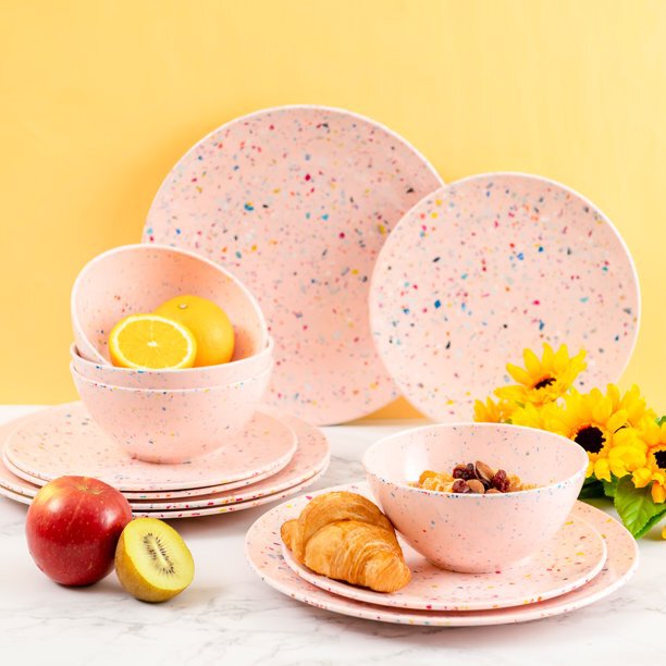 Melamine Colorful Spray Order Plate and Cereal Salad Ice Cream Bowl 12-Piece Melamine Tableware Set Can Be Customized