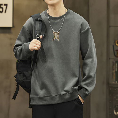 Heavyweight crew neck sweatshirt for men, suitable for spring and autumn, oversized, American style, trendy brand, loose long sleeve T-shirt, student outerwear.