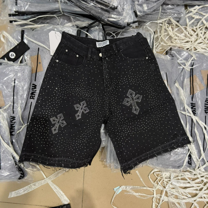 Cross-Border Trendy Brand Purple Brand Heavy-Duty Cross-Shaped Crystal Rhinestone Versatile Straight-Leg Denim Shorts