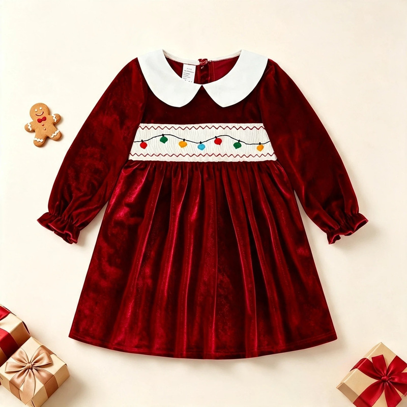 European and American children's clothing, girls' Christmas velvet dress with string embroidery, doll collar, burgundy, long-sleeved princess dress, trendy European and American children's clothing, girls' Christmas velvet dress with string embroidery, doll collar, burgundy, long-sleeved princess dress, trendy