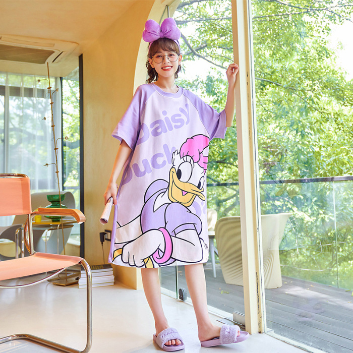 Camisón de las mujeres del verano Delgado manga corta nueva línea rojo estilo pijamas dibujos animados lindo señoras vestido flojo desgaste hogar