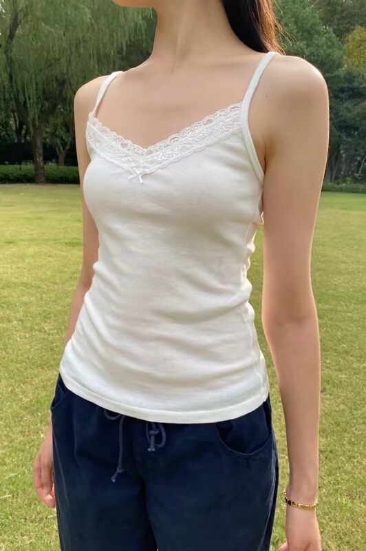 Bm Style New Pure Desire Style White Lace Trim Camisole for Women, Suitable for Wearing Inside or Outside