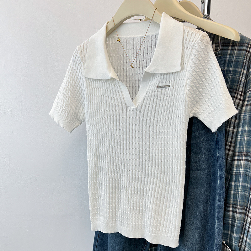 Elegante maglione da donna a maniche corte con colletto a risvolto, lavorazione a trecce sulle spalle, top estivo, nuovo arrivo._voghion.com