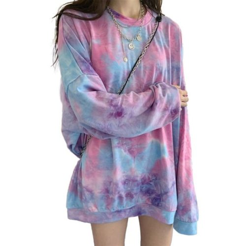 tie-dye Instagram long-sleeve T-shirt for women students plus size women Korean style loose autumn Urasawa outerwear autumn clothing outerwear T