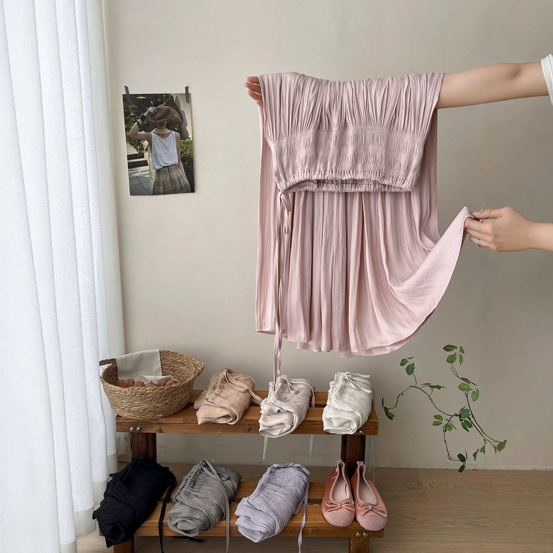 French-Style Flowing Drawstring Island Ice Silk Satin Pleated Skirt for Women, Summer Gentle Vacation Style, Large A-Line Umbrella Skirt