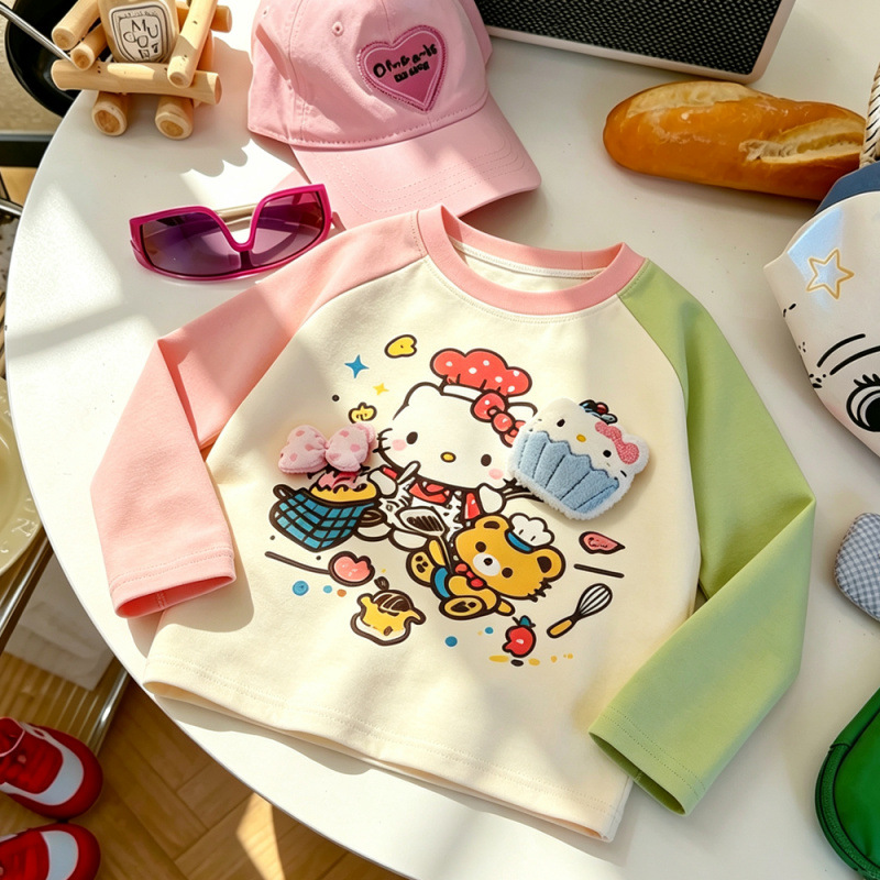 3D Bow KT Cat Print Doll Long-Sleeve T-Shirt for Babies, Spring and Autumn, Korean Style, Stylish and Versatile Children's Top