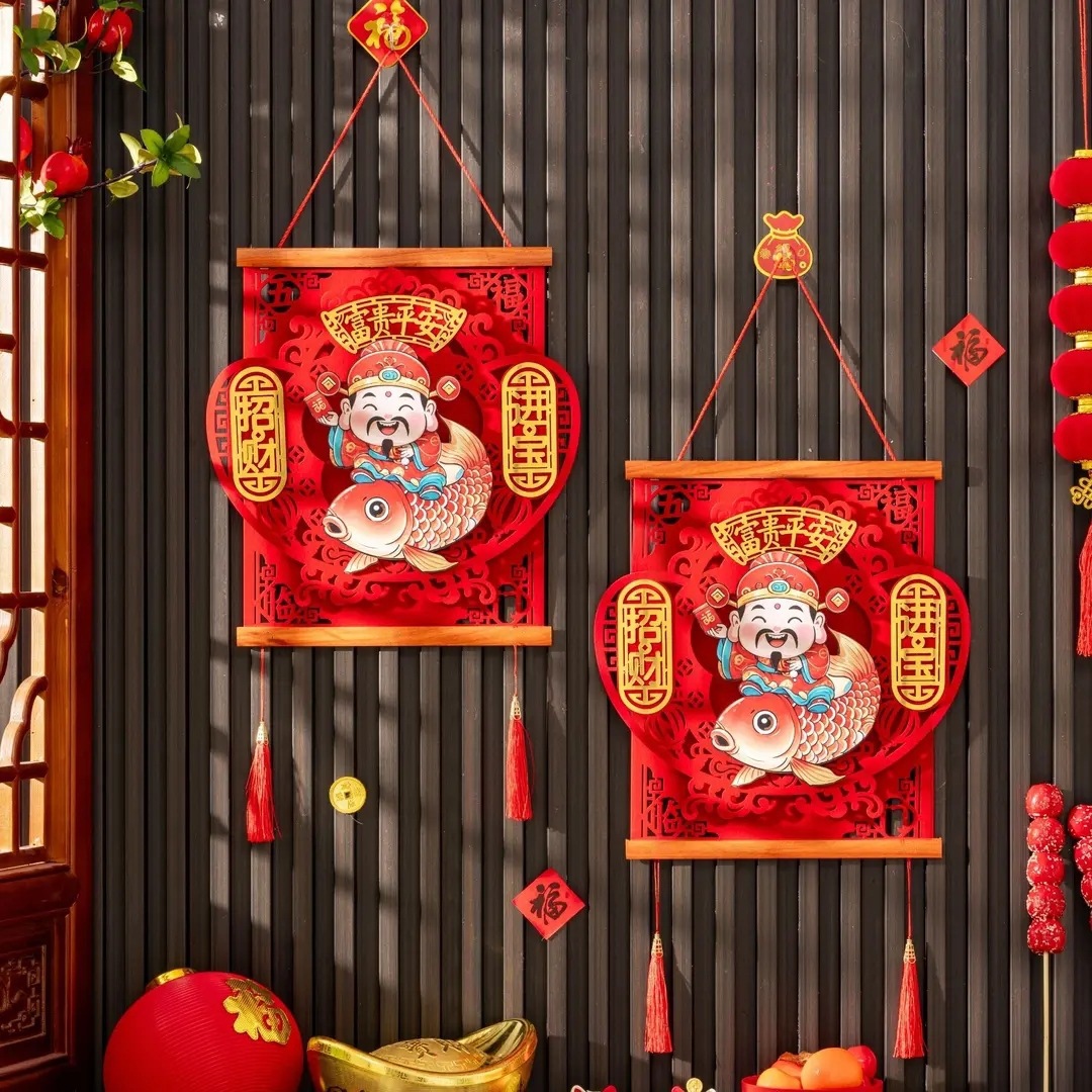 2026新年装饰挂件春节过年元旦大门玄关场景摇头财神节日实木挂饰