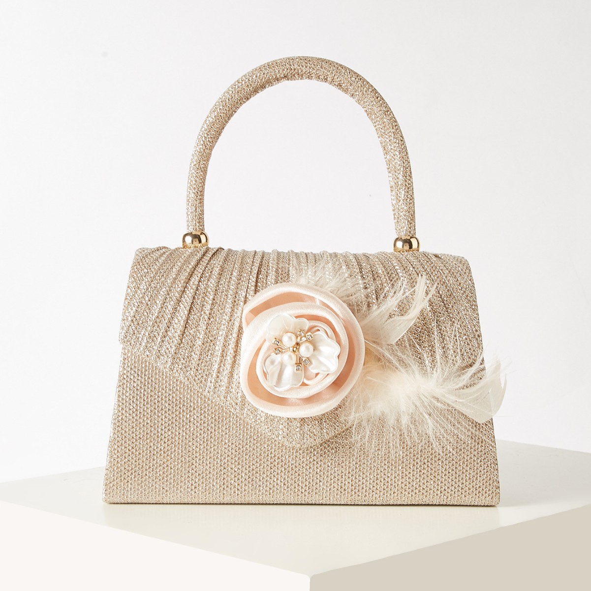 새로운 여성의 크로스 바운드 주름 새틴 이브닝 디너 플라워 골드 대나무 손잡이 프렌치 라이트 럭셔리 핸드 클러치 백