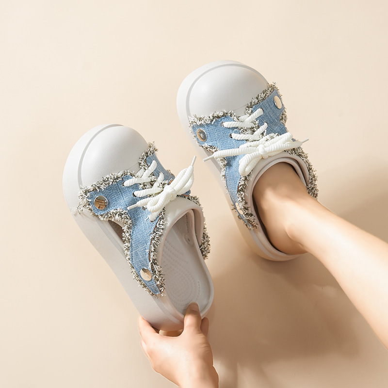 Korean-Style Denim Retro Clogs for Women, Summer Outdoor Wear, Trendy Fashion Casual Non-Slip Versatile Lace-Up Thick-Soled Sandals