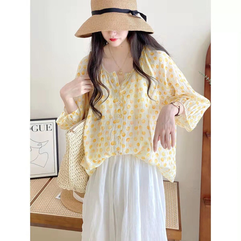 2025 New Loose Baby Doll Top Women's Summer Literary and Sweet V-Neck Lantern Sleeve Three-Quarter Sleeve Polka Dot Shirt 2025 New Loose Baby Doll Top Women's Summer Literary and Sweet V-Neck Lantern Sleeve Three-Quarter Sleeve Polka Dot Shirt
