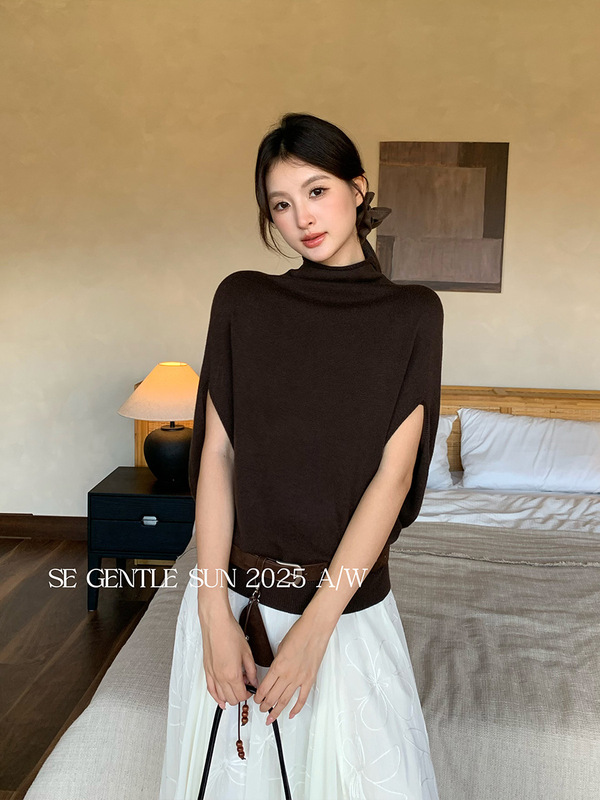 秀熙熙2025秋季新款白标气质高领纯色针织衫短袖上衣小衫女25368|undefined