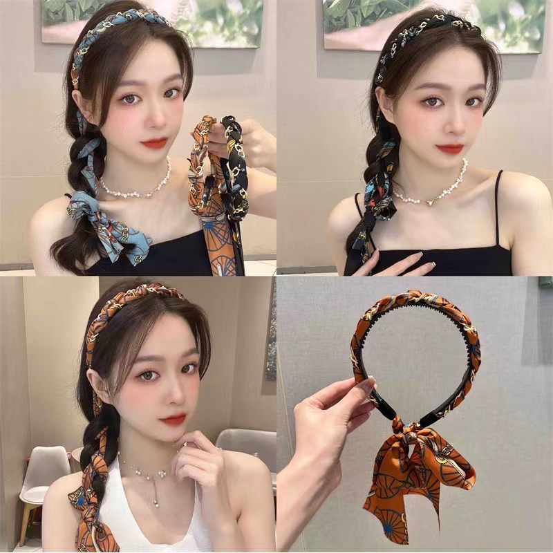 レトロなチェーンリボンヘッドバンド、女性用ヘアタイ、一体型ヘッドバンド、夏のシルクスカーフヘッドバンド、編み込みヘアピン、リボンヘアアクセサリー|undefined