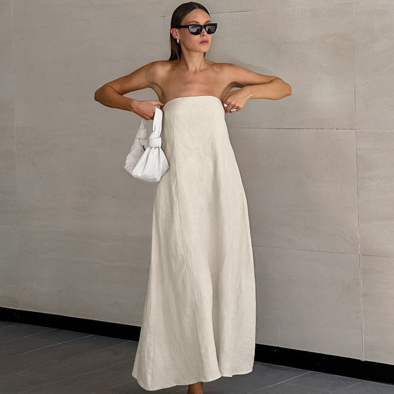 Summer New Resort Style French Dress Khaki Cotton and Linen Tube Top Backless Long Skirt for Women European and American Cross-Border Wholesale