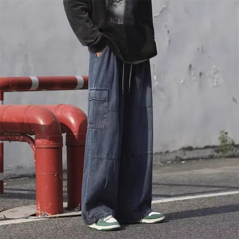 Lazy Vintage Tooling Wide-leg Jeans Men's Hong Kong Style Loose Oversize Big Pocket Retro Street Trousers_mkmklike.com