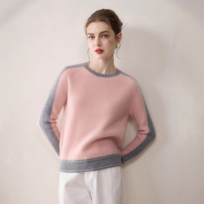 100% Cashmere Color-Blocked Round Neck Knitwear for Women, Loose Knitwear, Cashmere Knitwear with Ingot Needle Slimming Look Bottoming Shirt 100% Cashmere Color-Blocked Round Neck Knitwear for Women, Loose Knitwear, Cashmere Knitwear with Ingot Needle Slimming Look Bottoming Shirt