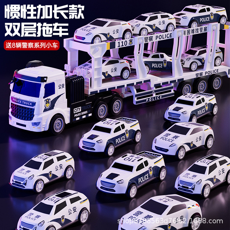 Children's Large Inertial Police Car Model Toy Truck Police Double-Decker Trailer Transport Vehicle Children's Toy for Boys